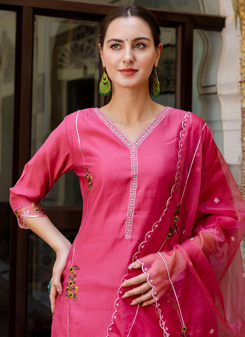 Vellora Viscose Roman Silk Pink Casual Wear Embroidery Work Readymade Salwar Suit