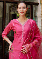 Thumbnail for Vellora Viscose Roman Silk Pink Casual Wear Embroidery Work Readymade Salwar Suit