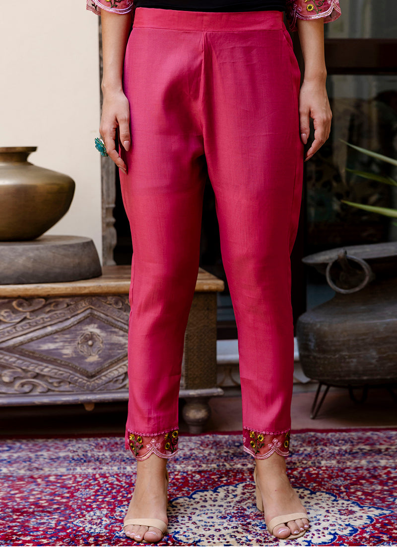 Vellora Viscose Roman Silk Pink Casual Wear Embroidery Work Readymade Salwar Suit