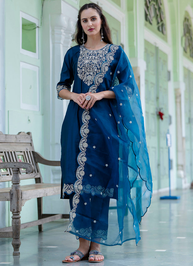 Vellora Silk Blend Teal Blue Casual Wear Embroidery Work Readymade Salwar Suit