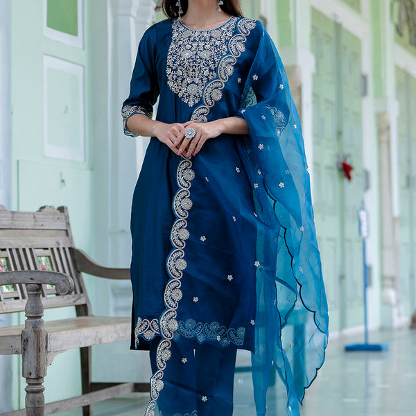 Vellora Silk Blend Teal Blue Casual Wear Embroidery Work Readymade Salwar Suit - Distacart