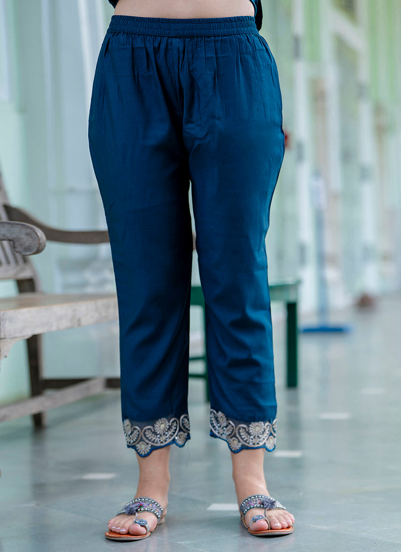 Vellora Silk Blend Teal Blue Casual Wear Embroidery Work Readymade Salwar Suit