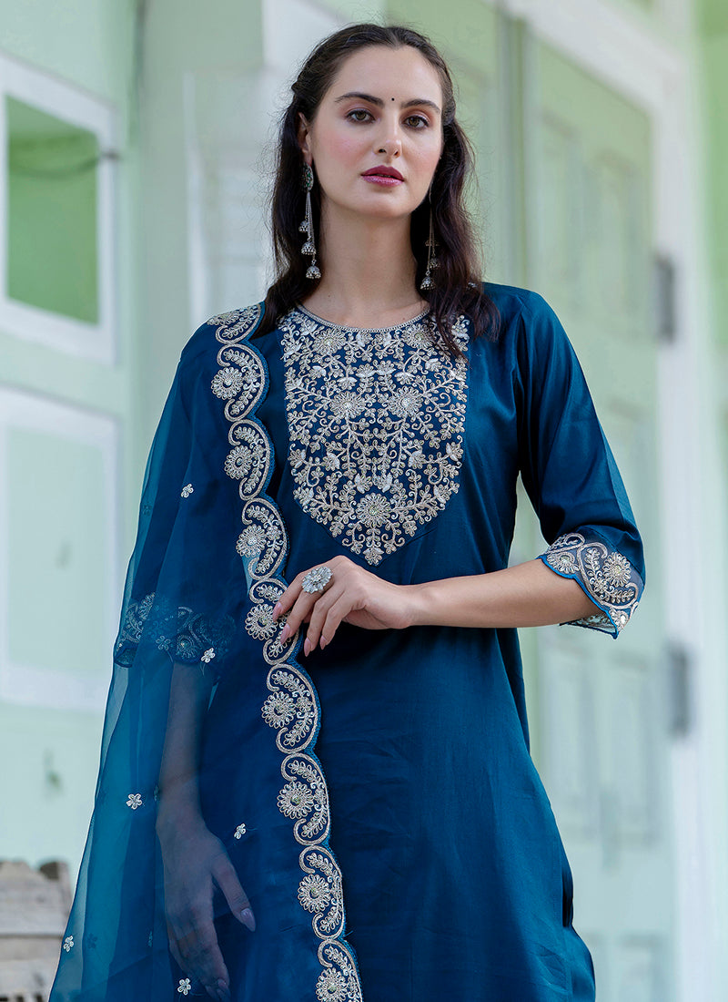 Vellora Silk Blend Teal Blue Casual Wear Embroidery Work Readymade Salwar Suit
