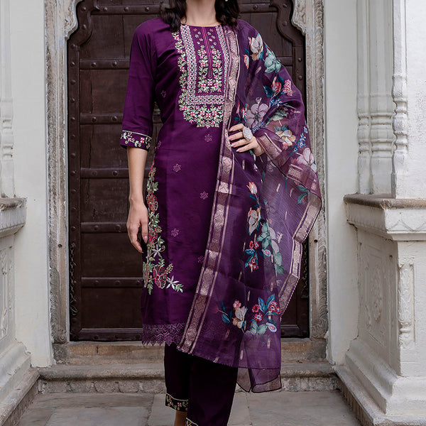Vellora Viscose Roman Silk Deep Purple Ocassional Wear Embroidery Work Readymade Salwar Suit - Distacart