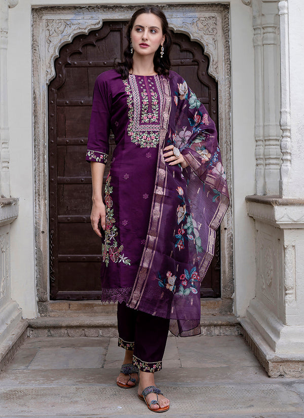 Vellora Viscose Roman Silk Deep Purple Ocassional Wear Embroidery Work Readymade Salwar Suit