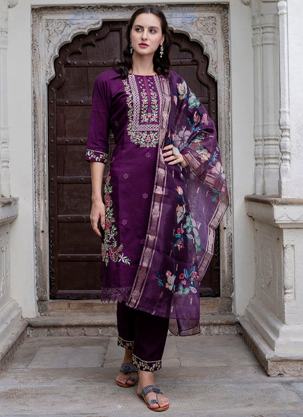 Vellora Viscose Roman Silk Deep Purple Ocassional Wear Embroidery Work Readymade Salwar Suit