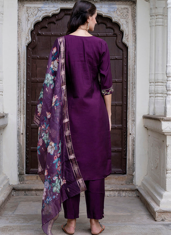 Vellora Viscose Roman Silk Deep Purple Ocassional Wear Embroidery Work Readymade Salwar Suit
