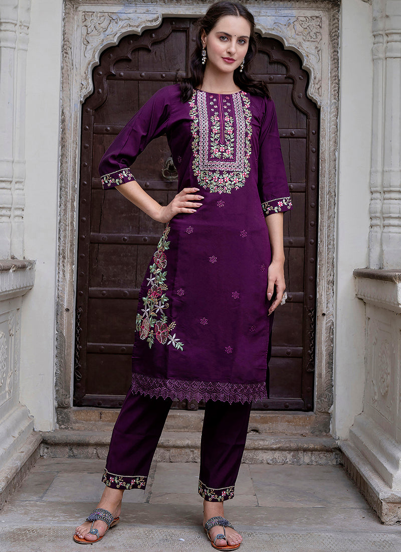 Vellora Viscose Roman Silk Deep Purple Ocassional Wear Embroidery Work Readymade Salwar Suit