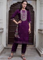 Thumbnail for Vellora Viscose Roman Silk Deep Purple Ocassional Wear Embroidery Work Readymade Salwar Suit