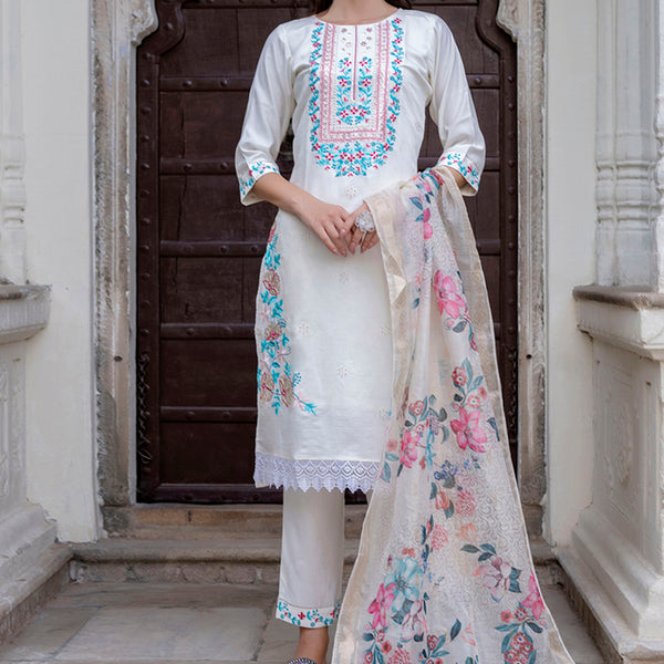 Vellora Viscose Roman Silk White Ocassional Wear Embroidery Work Readymade Salwar Suit - Distacart