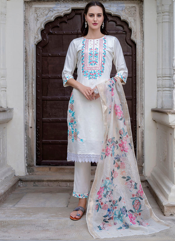 Vellora Viscose Roman Silk White Ocassional Wear Embroidery Work Readymade Salwar Suit