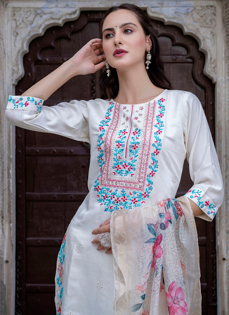 Vellora Viscose Roman Silk White Ocassional Wear Embroidery Work Readymade Salwar Suit