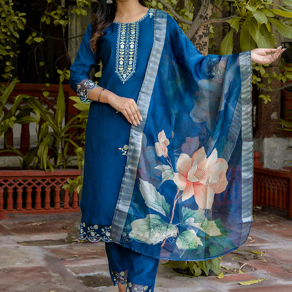 Vellora Viscose Roman Silk Blue Ocassional Wear Embroidery Work Readymade Salwar Suit - Distacart