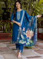 Thumbnail for Vellora Viscose Roman Silk Blue Ocassional Wear Embroidery Work Readymade Salwar Suit