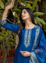 Thumbnail for Vellora Viscose Roman Silk Blue Ocassional Wear Embroidery Work Readymade Salwar Suit