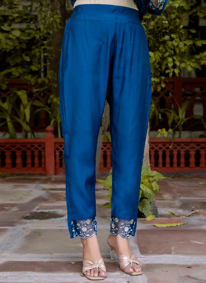 Vellora Viscose Roman Silk Blue Ocassional Wear Embroidery Work Readymade Salwar Suit