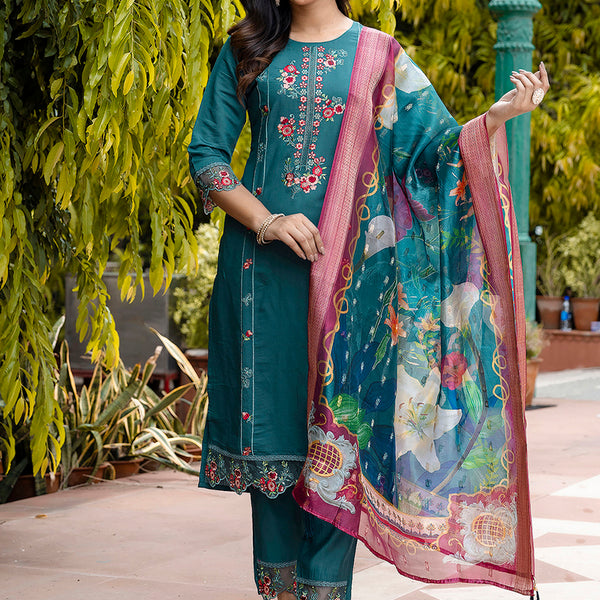 Vellora Viscose Roman Silk Teal Green Festival Wear Embroidery Work Readymade Salwar Suit - Distacart