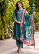 Thumbnail for Vellora Viscose Roman Silk Teal Green Festival Wear Embroidery Work Readymade Salwar Suit