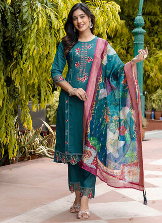 Vellora Viscose Roman Silk Teal Green Festival Wear Embroidery Work Readymade Salwar Suit