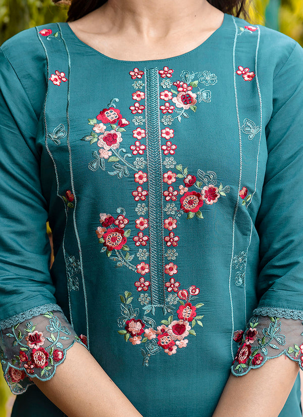 Vellora Viscose Roman Silk Teal Green Festival Wear Embroidery Work Readymade Salwar Suit