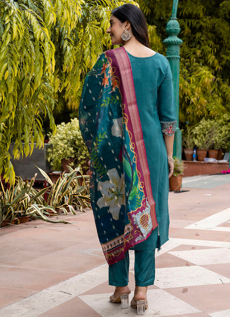 Vellora Viscose Roman Silk Teal Green Festival Wear Embroidery Work Readymade Salwar Suit