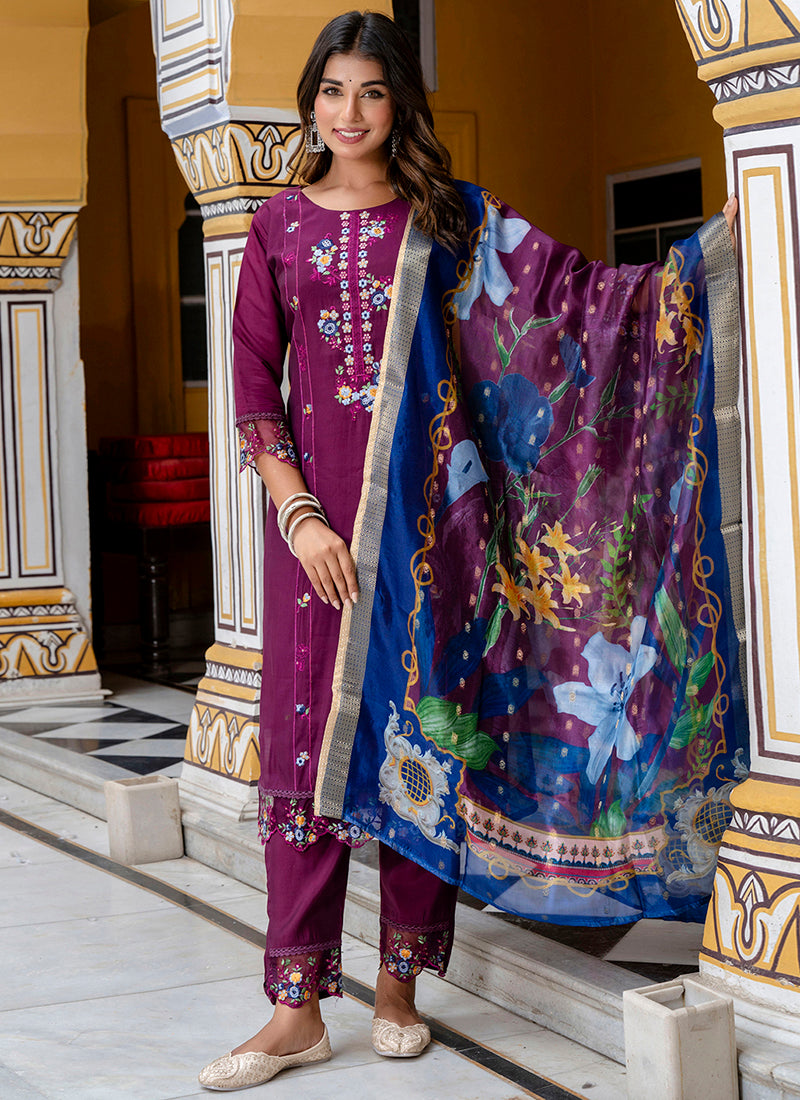 Vellora Viscose Roman Silk Wine Festival Wear Embroidery Work Readymade Salwar Suit