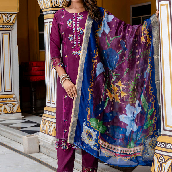 Vellora Viscose Roman Silk Wine Festival Wear Embroidery Work Readymade Salwar Suit - Distacart