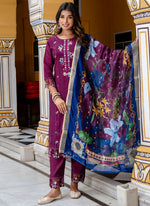 Thumbnail for Vellora Viscose Roman Silk Wine Festival Wear Embroidery Work Readymade Salwar Suit