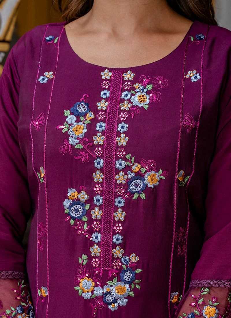 Vellora Viscose Roman Silk Wine Festival Wear Embroidery Work Readymade Salwar Suit