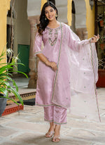 Thumbnail for Vellora Silk Blend Baby Pink Casual Wear Embroidery Work Readymade Salwar Suit
