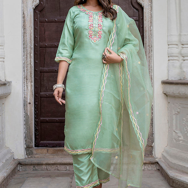 Vellora Silk Blend Light Green Casual Wear Embroidery Work Readymade Salwar Suit - Distacart