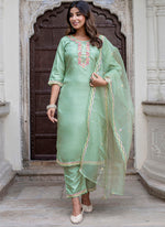 Thumbnail for Vellora Silk Blend Light Green Casual Wear Embroidery Work Readymade Salwar Suit
