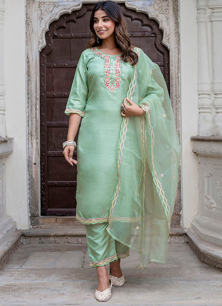 Vellora Silk Blend Light Green Casual Wear Embroidery Work Readymade Salwar Suit