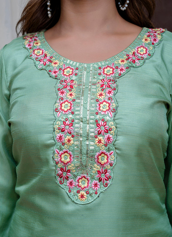 Vellora Silk Blend Light Green Casual Wear Embroidery Work Readymade Salwar Suit
