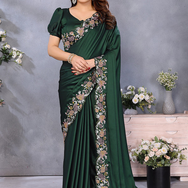 Vellora Embroidery Work Satin Dark Green Festival Wear Saree