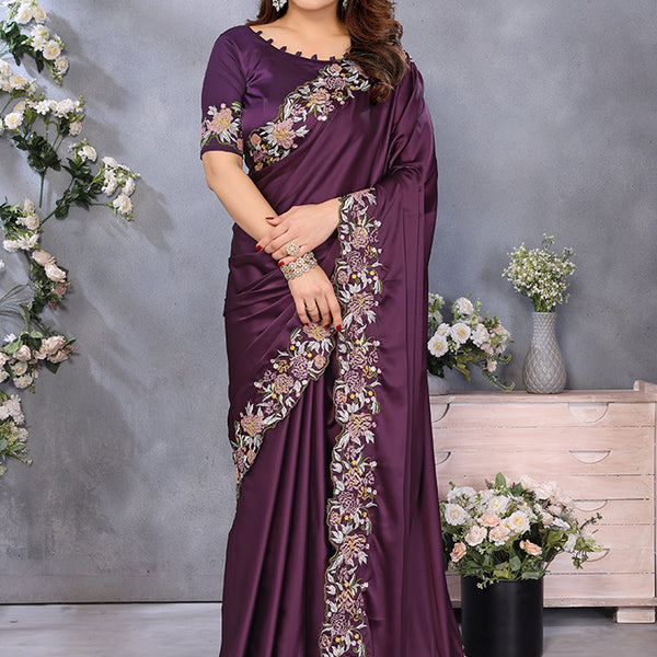 Vellora Wine Satin Designer Embroidery Work Saree