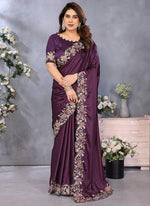 Thumbnail for Vellora Wine Satin Designer Embroidery Work Saree