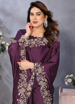 Thumbnail for Vellora Wine Satin Designer Embroidery Work Saree