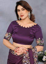 Thumbnail for Vellora Wine Satin Designer Embroidery Work Saree