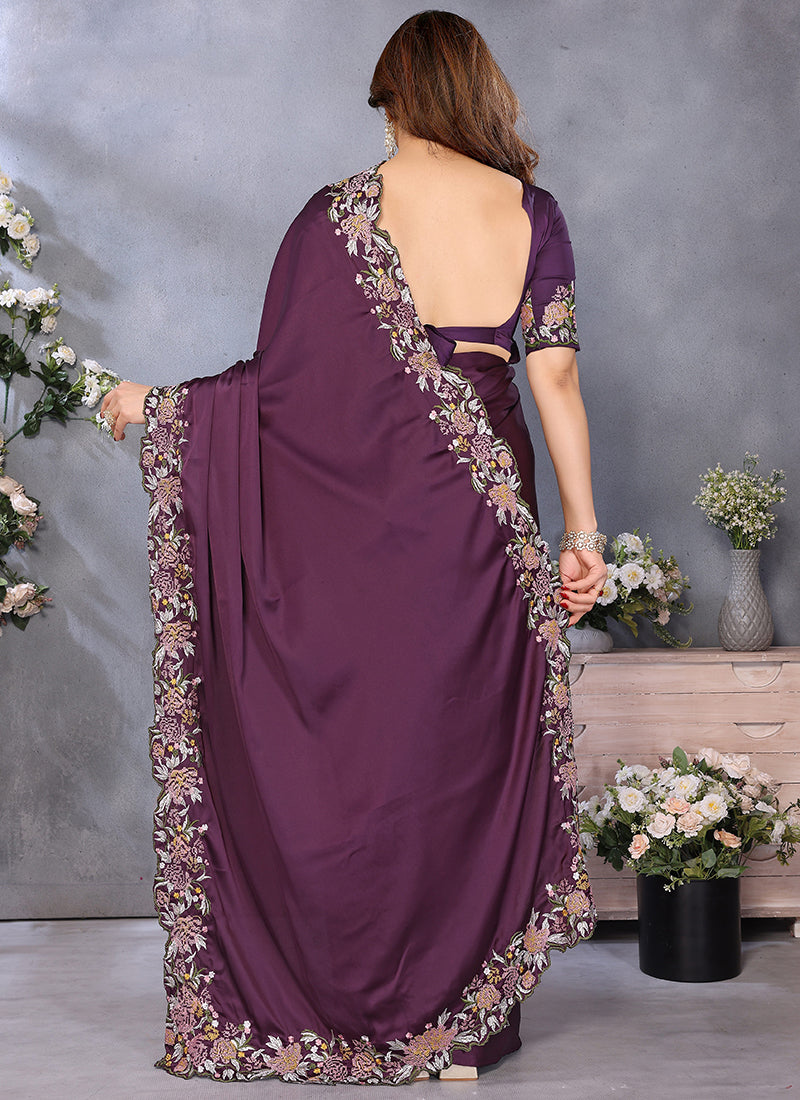 Vellora Wine Satin Designer Embroidery Work Saree