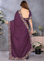 Thumbnail for Vellora Wine Satin Designer Embroidery Work Saree