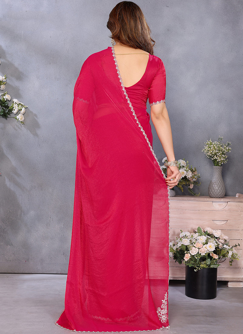 Vellora Lace Embroidery Work Fandy Chiffon Rani Pink Saree