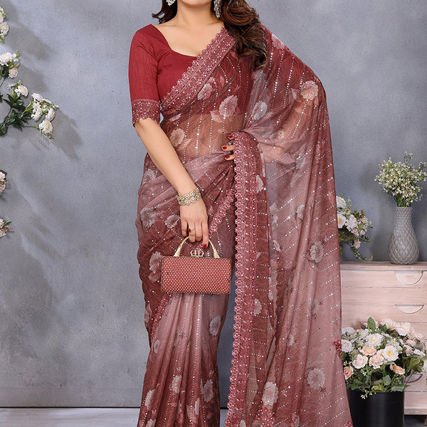 Vellora Brown Tikli Lace Embroidery Work Designer Saree