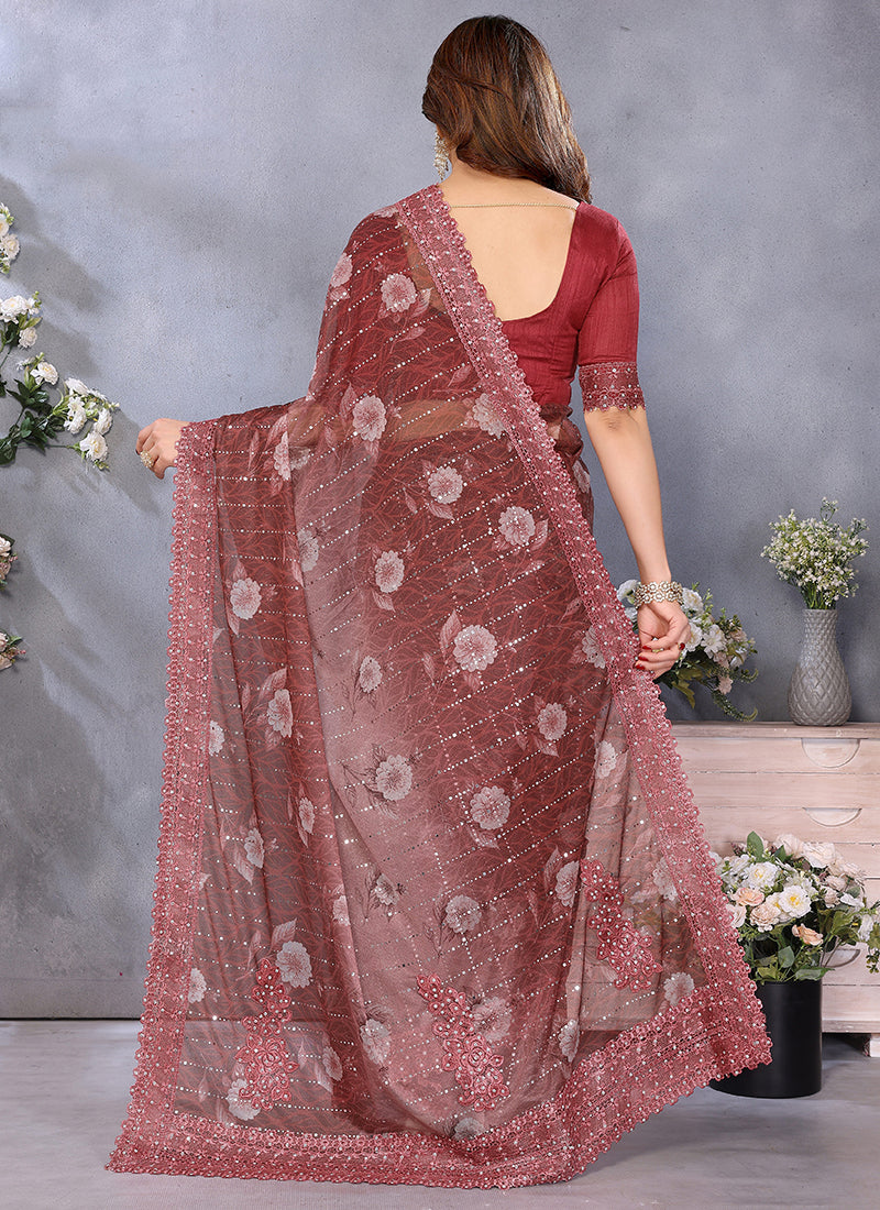 Vellora Brown Tikli Lace Embroidery Work Designer Saree