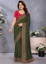 Thumbnail for Vellora Zari Embroidery Work Vichitra Dark Green Festival Wear Saree - Distacart