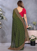 Thumbnail for Vellora Zari Embroidery Work Vichitra Dark Green Festival Wear Saree - Distacart