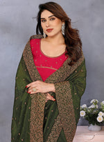 Thumbnail for Vellora Zari Embroidery Work Vichitra Dark Green Festival Wear Saree - Distacart