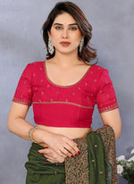 Thumbnail for Vellora Zari Embroidery Work Vichitra Dark Green Festival Wear Saree - Distacart