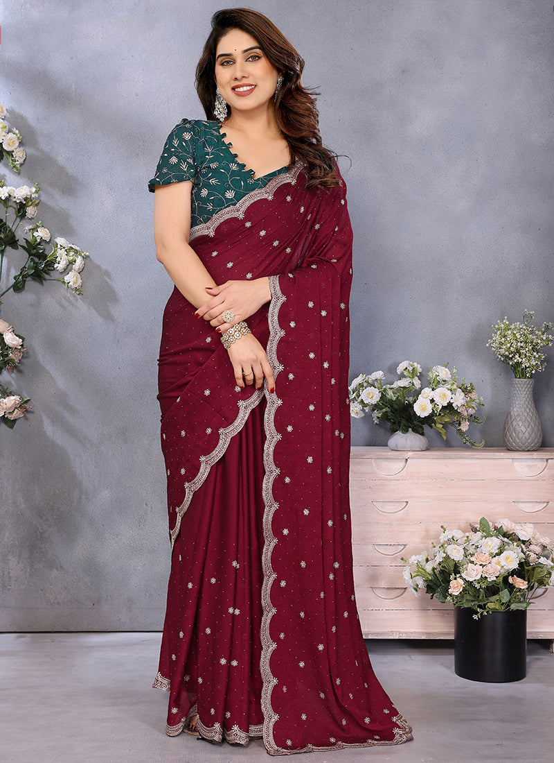 Vellora Maroon Silky Cross Embroidery Work Party Wear Saree