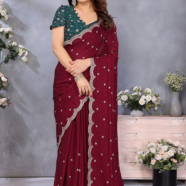 Vellora Maroon Silky Cross Embroidery Work Party Wear Saree